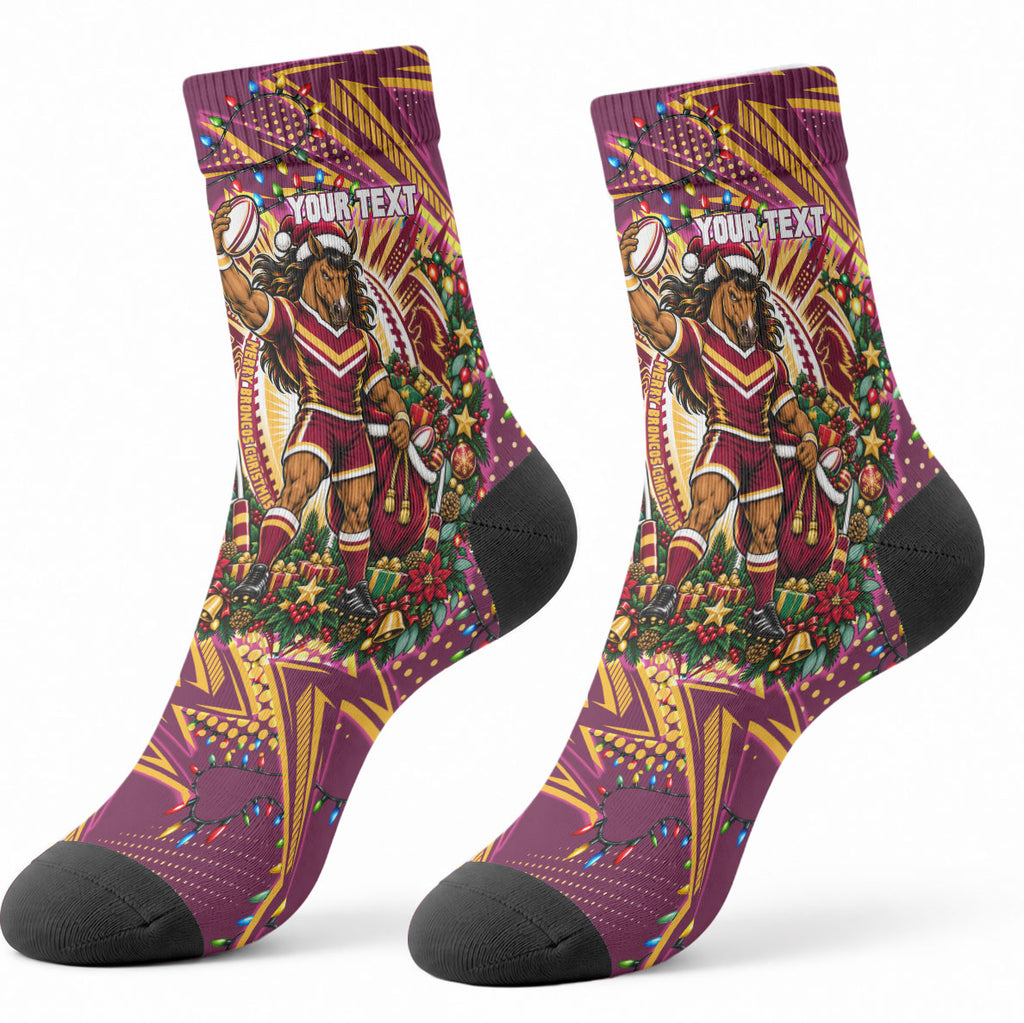Personalized Brisbane Broncos Rugby Christmas Crew Socks Holiday Mascot Graphic Art Festive Lights Bow