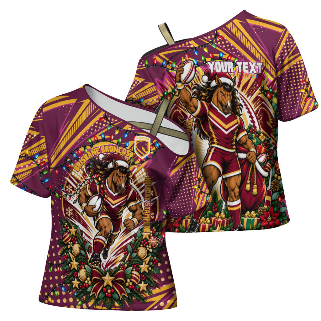 Personalized Brisbane Broncos Rugby Christmas Cross Shoulder Shirt Holiday Mascot Graphic Art Festive Lights Bow