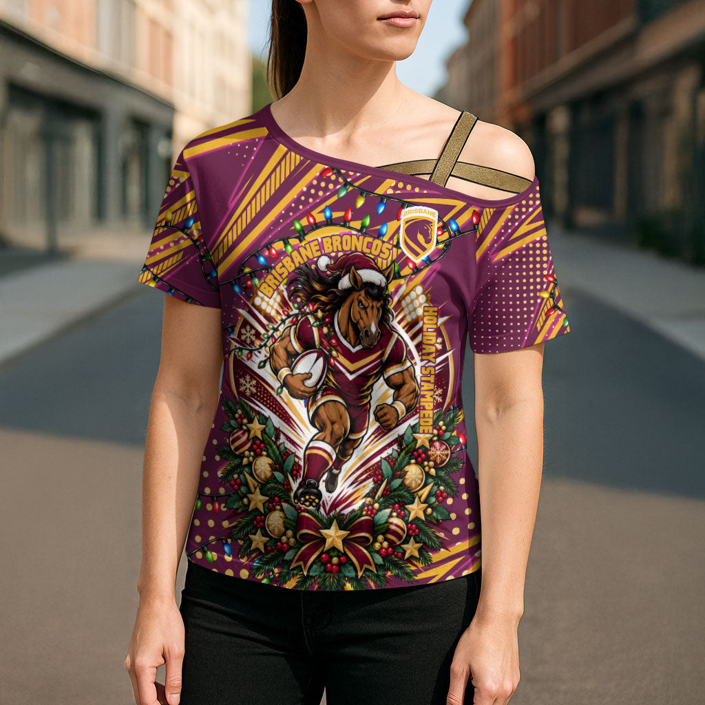 Personalized Brisbane Broncos Rugby Christmas Cross Shoulder Shirt Holiday Mascot Graphic Art Festive Lights Bow
