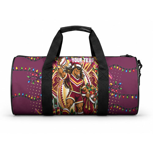 Personalized Brisbane Broncos Rugby Christmas Duffle Bag Holiday Mascot Graphic Art Festive Lights Bow
