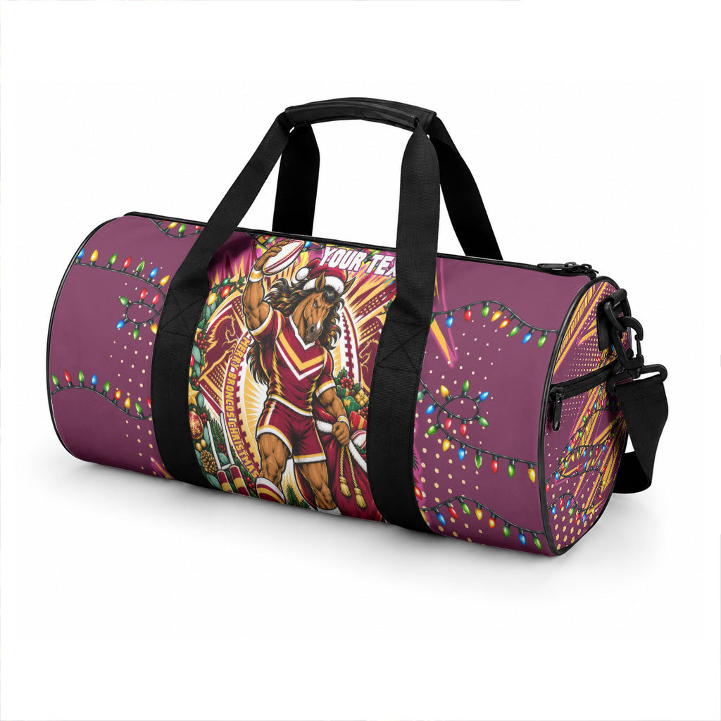 Personalized Brisbane Broncos Rugby Christmas Duffle Bag Holiday Mascot Graphic Art Festive Lights Bow