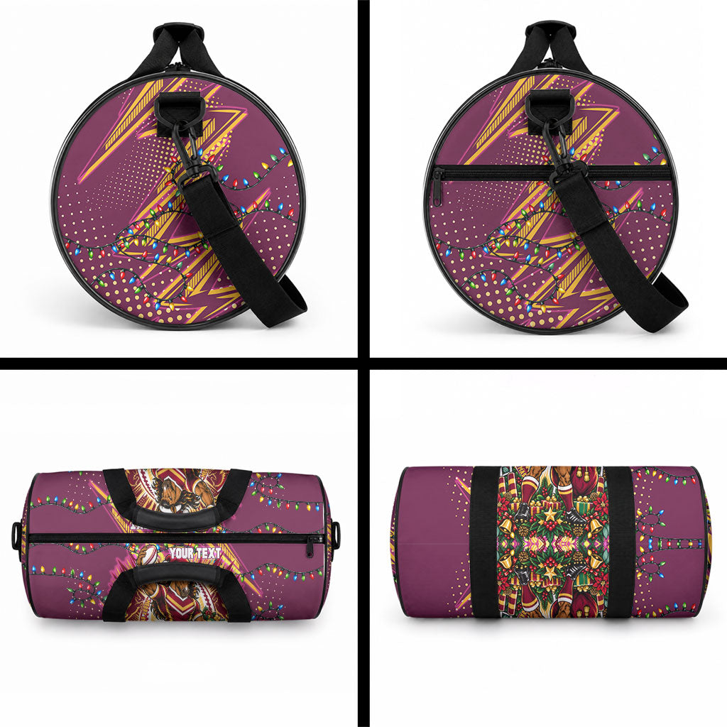 Personalized Brisbane Broncos Rugby Christmas Duffle Bag Holiday Mascot Graphic Art Festive Lights Bow