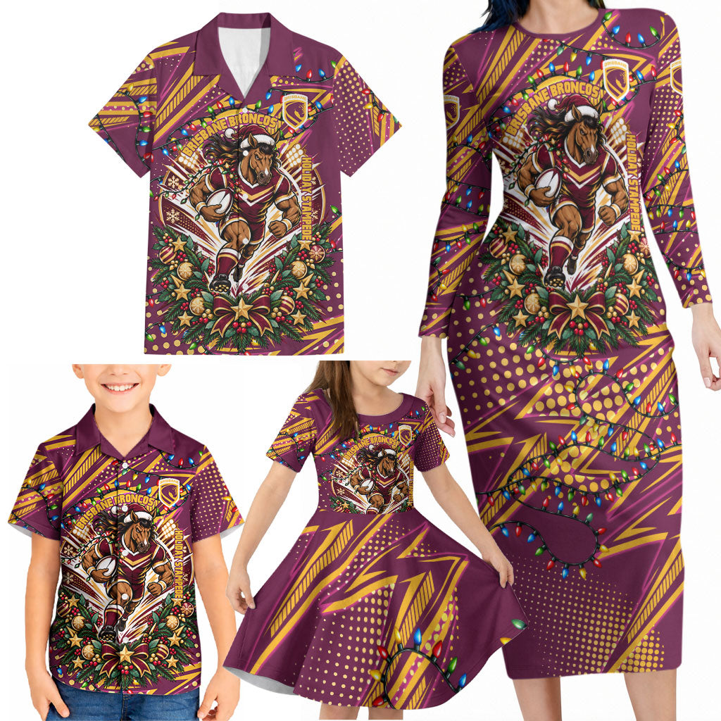 Personalized Brisbane Broncos Rugby Christmas Family Matching Long Sleeve Bodycon Dress and Hawaiian Shirt Holiday Mascot Graphic Art Festive Lights Bow