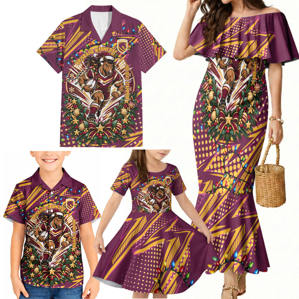 Personalized Brisbane Broncos Rugby Christmas Family Matching Mermaid Dress and Hawaiian Shirt Holiday Mascot Graphic Art Festive Lights Bow