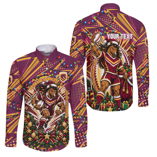 Personalized Brisbane Broncos Rugby Christmas Family Matching Mermaid Dress and Hawaiian Shirt Holiday Mascot Graphic Art Festive Lights Bow