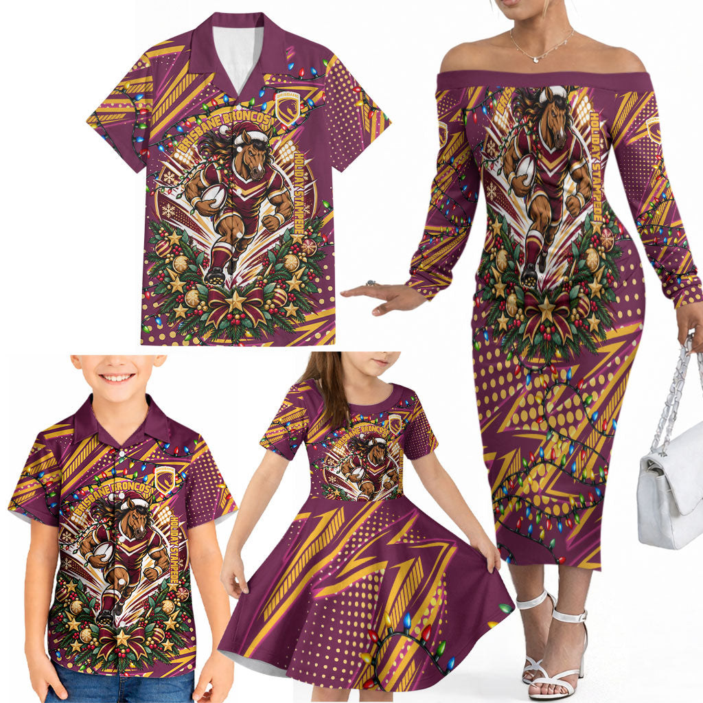 Personalized Brisbane Broncos Rugby Christmas Family Matching Off The Shoulder Long Sleeve Dress and Hawaiian Shirt Holiday Mascot Graphic Art Festive Lights Bow