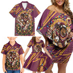 Personalized Brisbane Broncos Rugby Christmas Family Matching Off Shoulder Short Dress and Hawaiian Shirt Holiday Mascot Graphic Art Festive Lights Bow