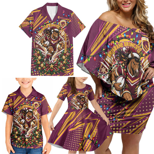 Personalized Brisbane Broncos Rugby Christmas Family Matching Off Shoulder Short Dress and Hawaiian Shirt Holiday Mascot Graphic Art Festive Lights Bow
