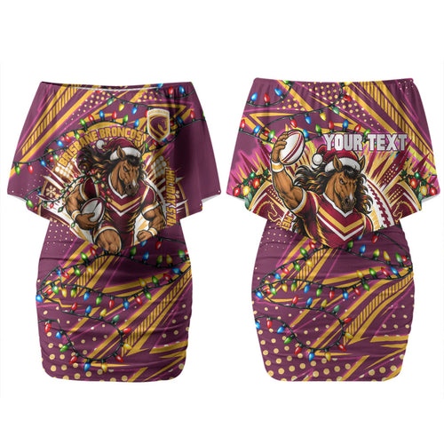 Personalized Brisbane Broncos Rugby Christmas Family Matching Off Shoulder Short Dress and Hawaiian Shirt Holiday Mascot Graphic Art Festive Lights Bow