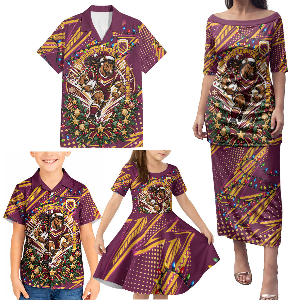 Personalized Brisbane Broncos Rugby Christmas Family Matching Puletasi and Hawaiian Shirt Holiday Mascot Graphic Art Festive Lights Bow