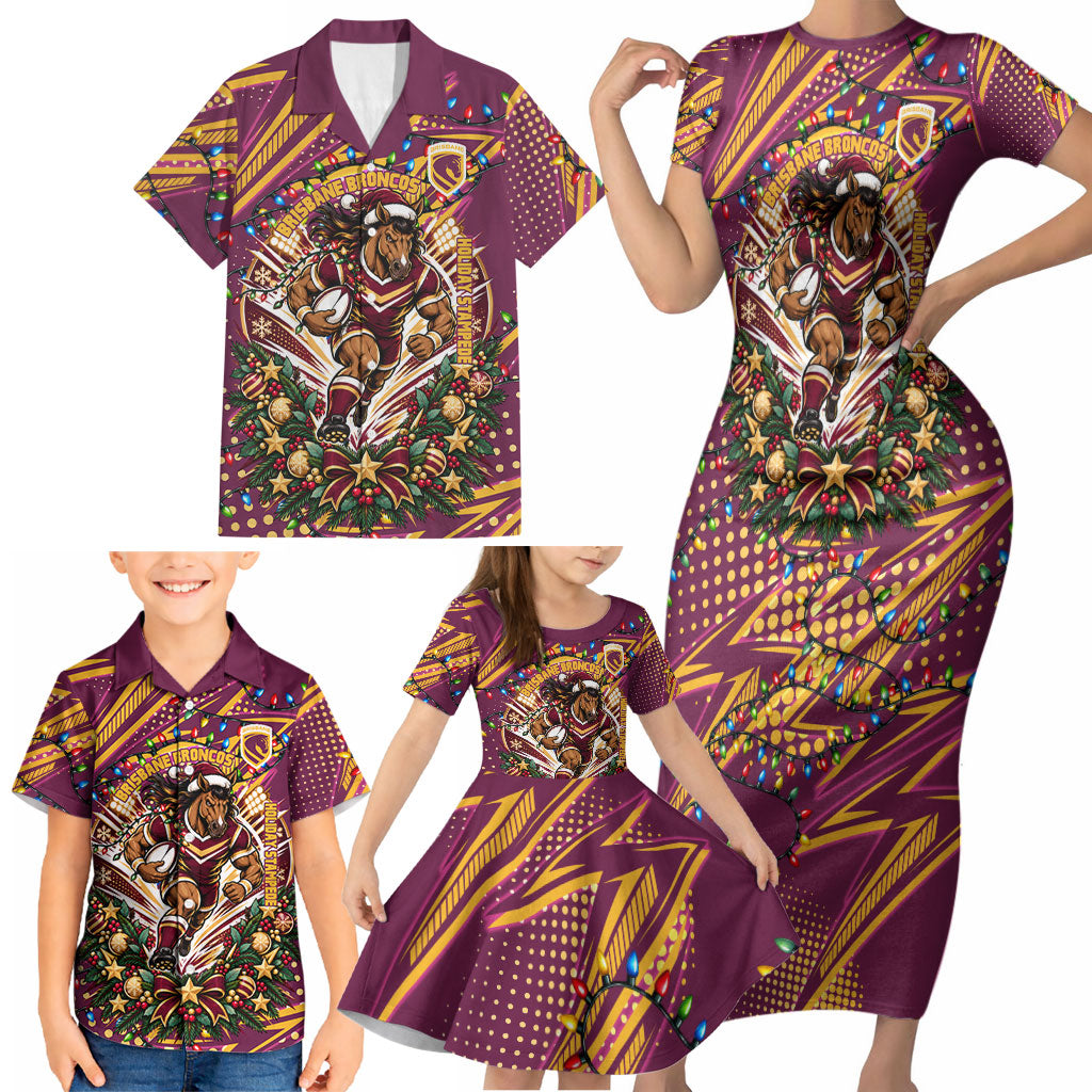Personalized Brisbane Broncos Rugby Christmas Family Matching Short Sleeve Bodycon Dress and Hawaiian Shirt Holiday Mascot Graphic Art Festive Lights Bow