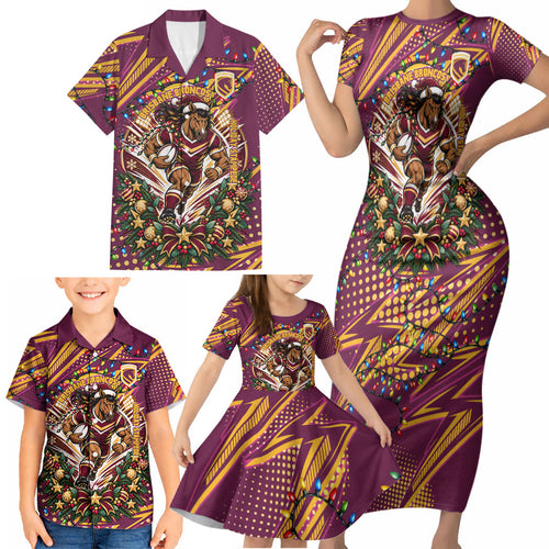 Personalized Brisbane Broncos Rugby Christmas Family Matching Short Sleeve Bodycon Dress and Hawaiian Shirt Holiday Mascot Graphic Art Festive Lights Bow