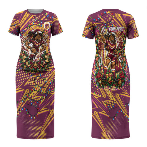 Personalized Brisbane Broncos Rugby Christmas Family Matching Short Sleeve Bodycon Dress and Hawaiian Shirt Holiday Mascot Graphic Art Festive Lights Bow