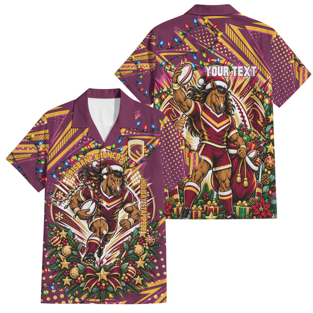Personalized Brisbane Broncos Rugby Christmas Family Matching Short Sleeve Bodycon Dress and Hawaiian Shirt Holiday Mascot Graphic Art Festive Lights Bow