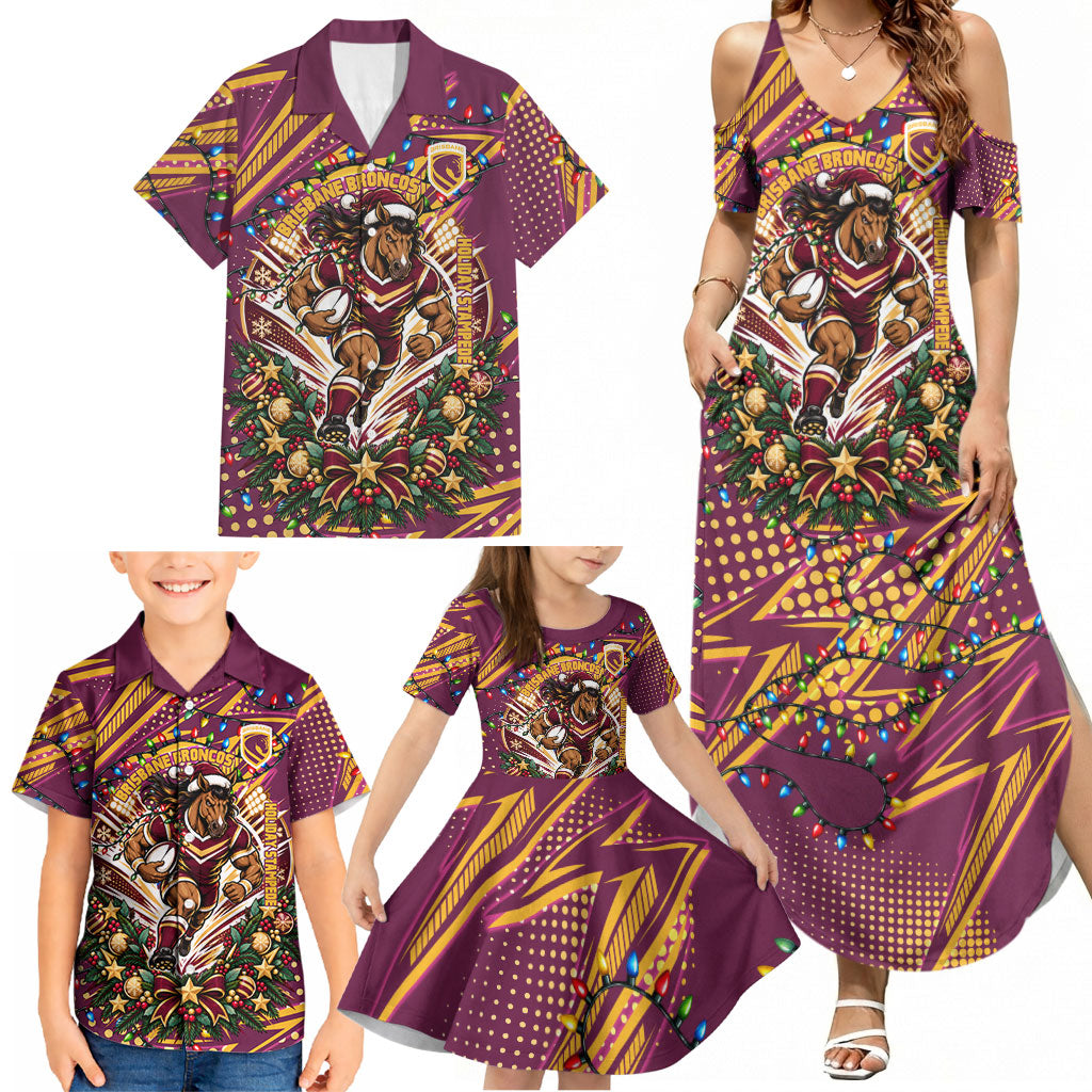 Personalized Brisbane Broncos Rugby Christmas Family Matching Summer Maxi Dress and Hawaiian Shirt Holiday Mascot Graphic Art Festive Lights Bow