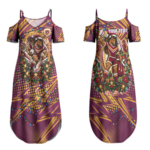 Personalized Brisbane Broncos Rugby Christmas Family Matching Summer Maxi Dress and Hawaiian Shirt Holiday Mascot Graphic Art Festive Lights Bow