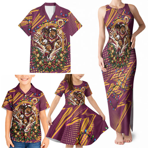 Personalized Brisbane Broncos Rugby Christmas Family Matching Tank Maxi Dress and Hawaiian Shirt Holiday Mascot Graphic Art Festive Lights Bow
