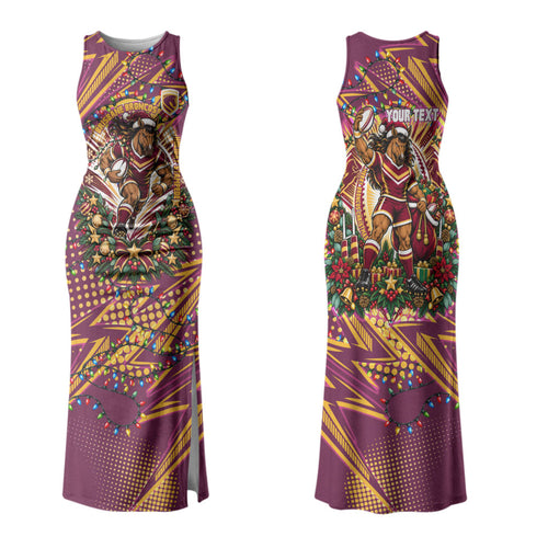 Personalized Brisbane Broncos Rugby Christmas Family Matching Tank Maxi Dress and Hawaiian Shirt Holiday Mascot Graphic Art Festive Lights Bow