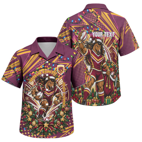 Personalized Brisbane Broncos Rugby Christmas Family Matching Tank Maxi Dress and Hawaiian Shirt Holiday Mascot Graphic Art Festive Lights Bow