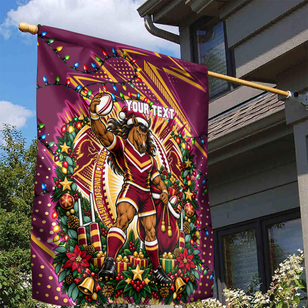 Personalized Brisbane Broncos Rugby Christmas Garden Flag Holiday Mascot Graphic Art Festive Lights Bow