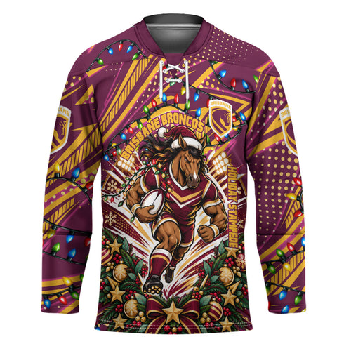 Personalized Brisbane Broncos Rugby Christmas Hockey Jersey Holiday Mascot Graphic Art Festive Lights Bow