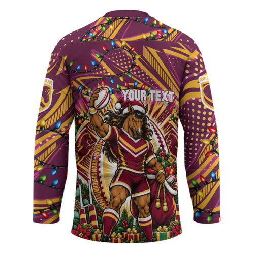 Personalized Brisbane Broncos Rugby Christmas Hockey Jersey Holiday Mascot Graphic Art Festive Lights Bow