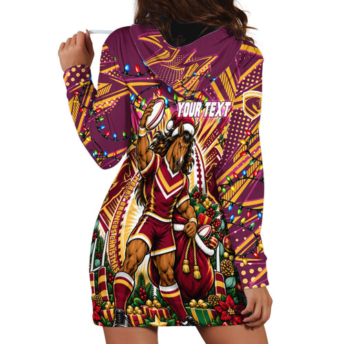 Personalized Brisbane Broncos Rugby Christmas Hoodie Dress Holiday Mascot Graphic Art Festive Lights Bow