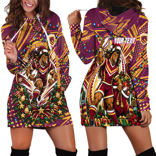 Personalized Brisbane Broncos Rugby Christmas Hoodie Dress Holiday Mascot Graphic Art Festive Lights Bow