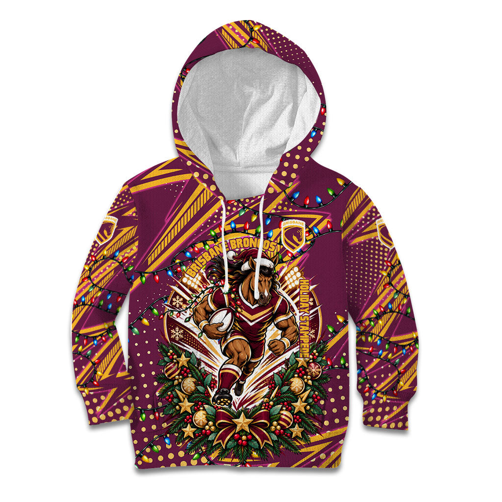 Personalized Brisbane Broncos Rugby Christmas Kid Hoodie Holiday Mascot Graphic Art Festive Lights Bow