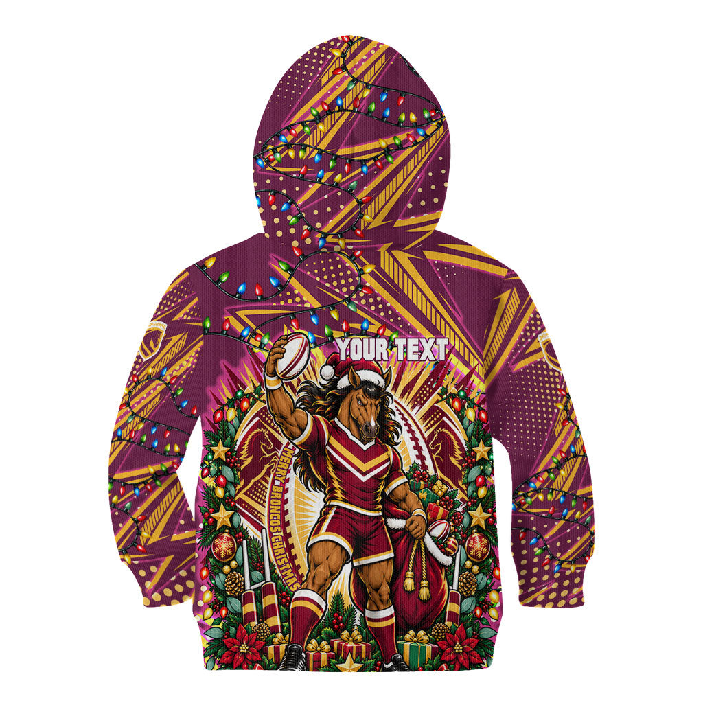 Personalized Brisbane Broncos Rugby Christmas Kid Hoodie Holiday Mascot Graphic Art Festive Lights Bow