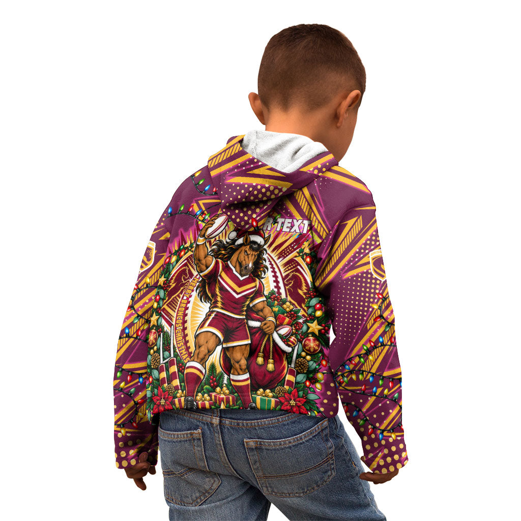 Personalized Brisbane Broncos Rugby Christmas Kid Hoodie Holiday Mascot Graphic Art Festive Lights Bow