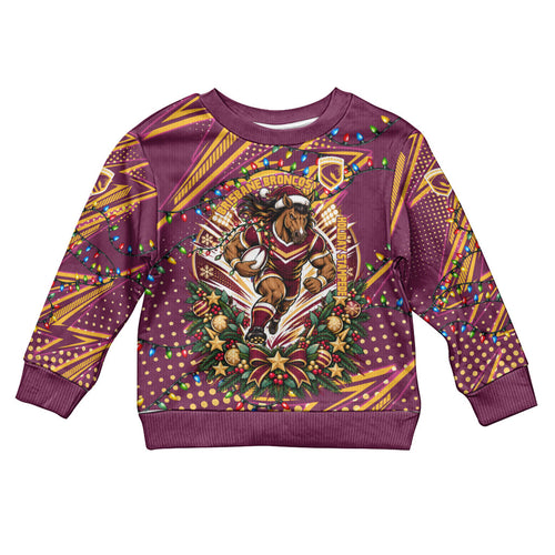 Personalized Brisbane Broncos Rugby Christmas Kid Ugly Christmas Sweater Holiday Mascot Graphic Art Festive Lights Bow