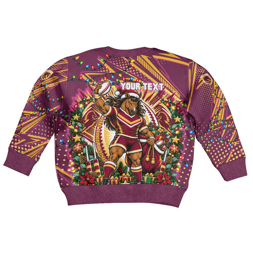 Personalized Brisbane Broncos Rugby Christmas Kid Ugly Christmas Sweater Holiday Mascot Graphic Art Festive Lights Bow