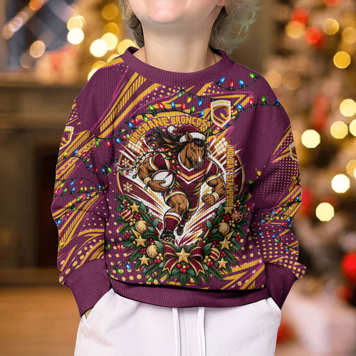 Personalized Brisbane Broncos Rugby Christmas Kid Ugly Christmas Sweater Holiday Mascot Graphic Art Festive Lights Bow