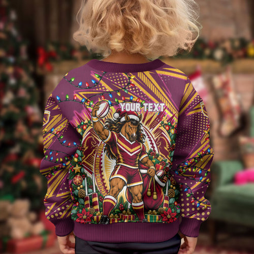 Personalized Brisbane Broncos Rugby Christmas Kid Ugly Christmas Sweater Holiday Mascot Graphic Art Festive Lights Bow