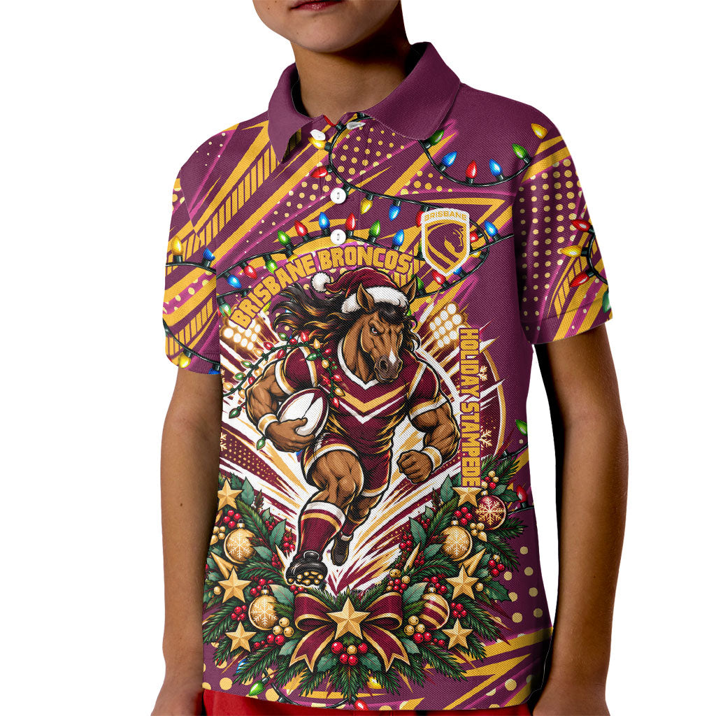 Personalized Brisbane Broncos Rugby Christmas Kid Polo Shirt Holiday Mascot Graphic Art Festive Lights Bow