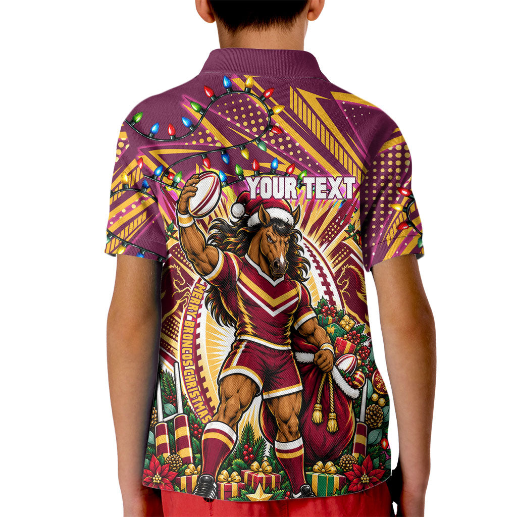 Personalized Brisbane Broncos Rugby Christmas Kid Polo Shirt Holiday Mascot Graphic Art Festive Lights Bow