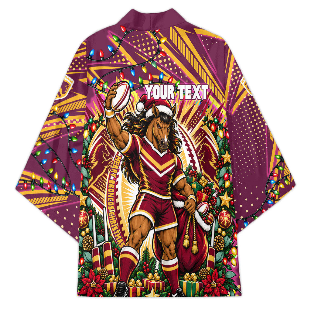 Personalized Brisbane Broncos Rugby Christmas Kimono Holiday Mascot Graphic Art Festive Lights Bow