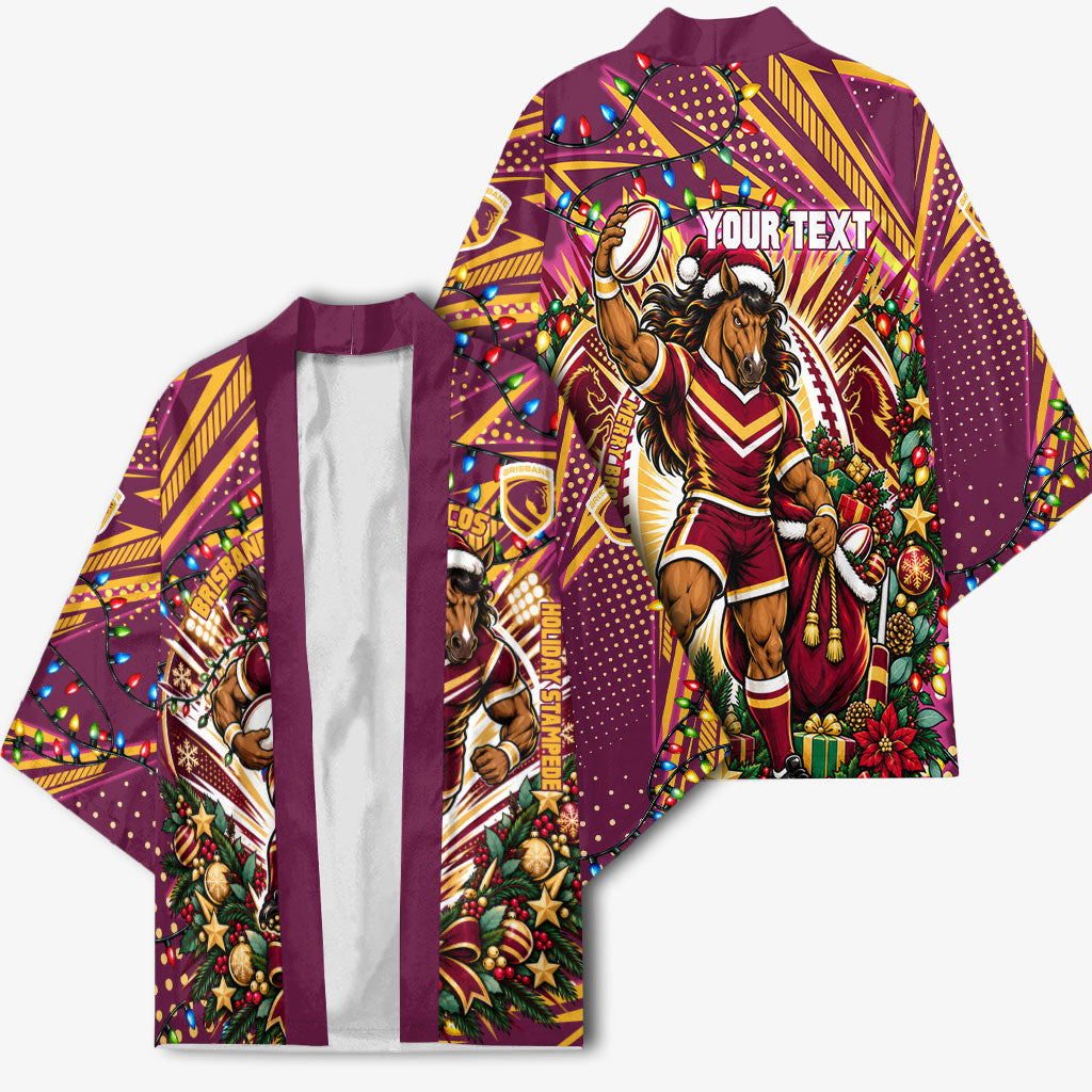 Personalized Brisbane Broncos Rugby Christmas Kimono Holiday Mascot Graphic Art Festive Lights Bow