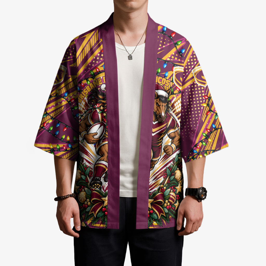 Personalized Brisbane Broncos Rugby Christmas Kimono Holiday Mascot Graphic Art Festive Lights Bow
