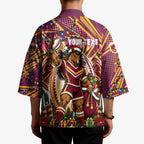 Personalized Brisbane Broncos Rugby Christmas Kimono Holiday Mascot Graphic Art Festive Lights Bow