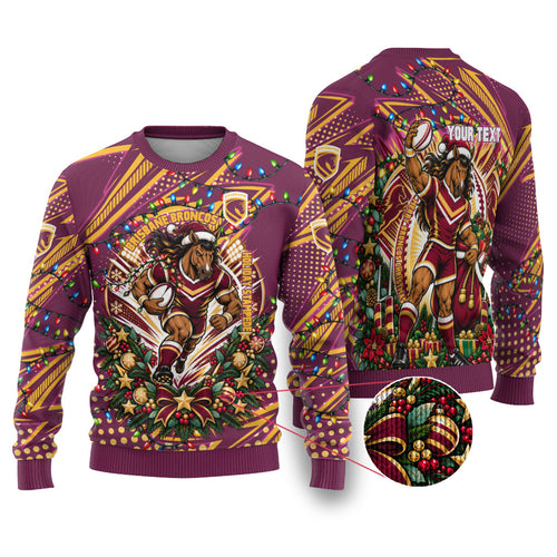 Personalized Brisbane Broncos Rugby Christmas Ugly Christmas Sweater Holiday Mascot Graphic Art Festive Lights Bow