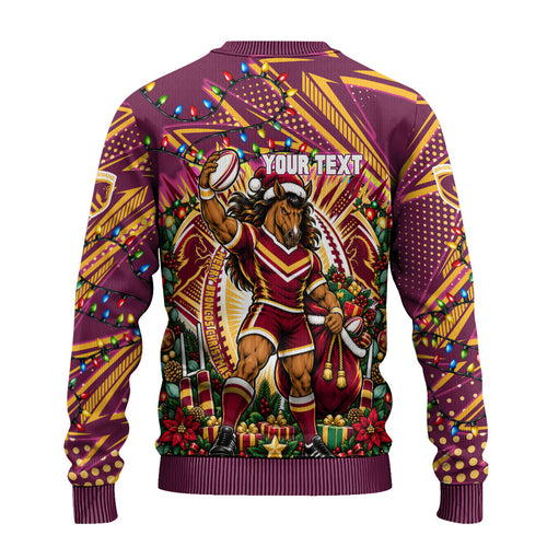 Personalized Brisbane Broncos Rugby Christmas Ugly Christmas Sweater Holiday Mascot Graphic Art Festive Lights Bow