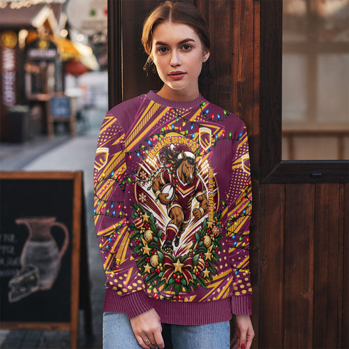 Personalized Brisbane Broncos Rugby Christmas Ugly Christmas Sweater Holiday Mascot Graphic Art Festive Lights Bow