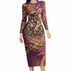 Personalized Brisbane Broncos Rugby Christmas Long Sleeve Bodycon Dress Holiday Mascot Graphic Art Festive Lights Bow