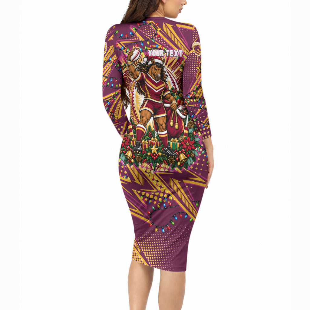 Personalized Brisbane Broncos Rugby Christmas Long Sleeve Bodycon Dress Holiday Mascot Graphic Art Festive Lights Bow