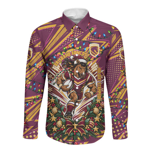 Personalized Brisbane Broncos Rugby Christmas Long Sleeve Button Shirt Holiday Mascot Graphic Art Festive Lights Bow