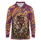 Personalized Brisbane Broncos Rugby Christmas Long Sleeve Polo Shirt Holiday Mascot Graphic Art Festive Lights Bow