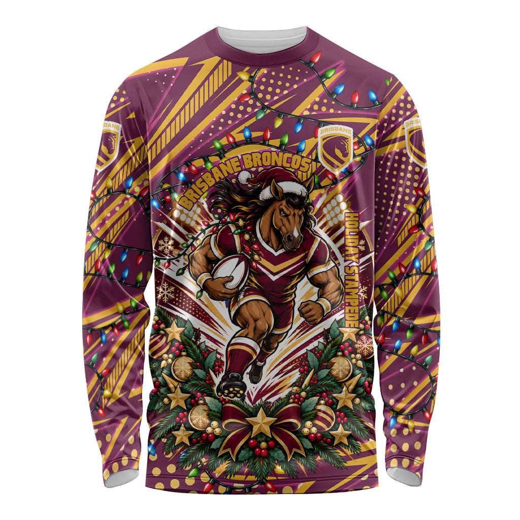 Personalized Brisbane Broncos Rugby Christmas Long Sleeve Shirt Holiday Mascot Graphic Art Festive Lights Bow