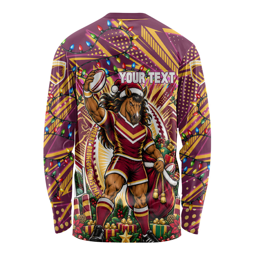 Personalized Brisbane Broncos Rugby Christmas Long Sleeve Shirt Holiday Mascot Graphic Art Festive Lights Bow